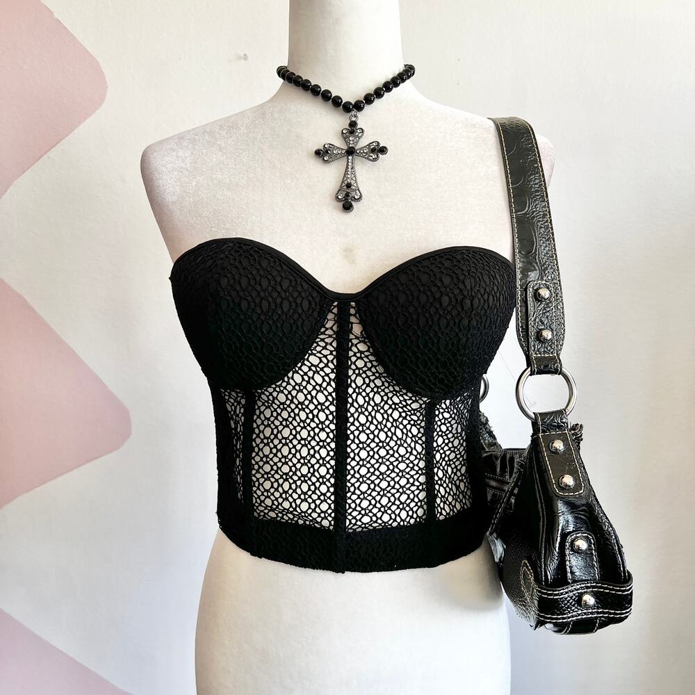 Black Mesh Corset Top, Y2K Grunge Gothic Coquette Indie‎ Sleaze Small